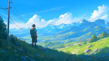 Epic view of a mountain illustration. Vibrant blue sky against its surroundings, creating a visually striking contrast of depth of field.