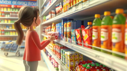 Girl shopping in the supermarket choosing snack on shelf. People lifestyle. Business service. Animation cartoon 3D. generative ai