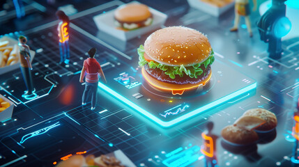 Hamburger on electronic digital circuit board. Future of the food industry. Futuristic world of virtual reality. ai generative