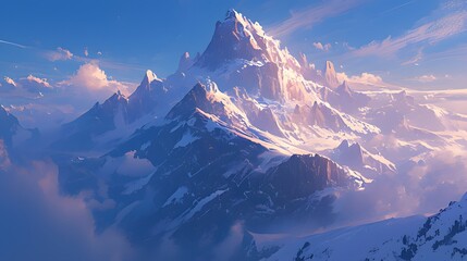 Epic view of a mountain illustration. Vibrant blue sky against its surroundings, creating a visually striking contrast of depth of field.
