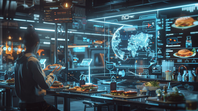 Futuristic high technology fast food restaurant with hologram menu. World of virtual reality. Future of the food industry. generative ai