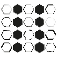 Obraz na płótnie Canvas Hexagon variations set. Geometric shapes diversity. Outline and filled hexagons. Vector illustration. EPS 10.