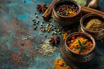 indian style. food and spices on a the table. turmeric, saffron, ginger, pepper, cinnamon and curry