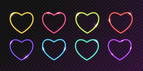 Set of bright neon hearts with highlights isolated on transparent backdrop. Vector icons of glowing colorful heart-shaped wires