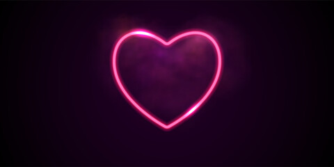 Pink glowing neon heart with purple smoke. Vector heart-shaped wire with flashes. Design template