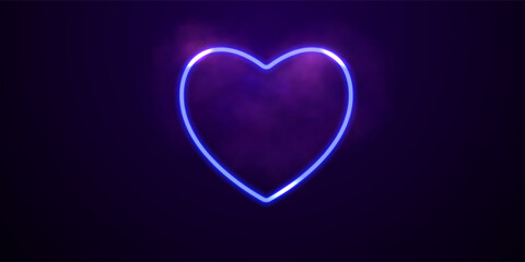 Heart-shaped blue neon wire with purple smoke on dark backdrop. Design template with bright glowing heart icon