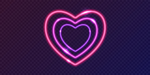 Purple and pink neon heart-shaped glowing wire. Vector shining colorful heart icon with flashes isolated on transparent background