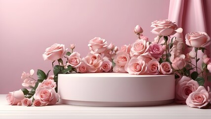 Podium background pink 3D spring table beauty stand display with flowers and roses in a natural white setting. Summer background with garden rose flowers and podium cosmetic Valentine's Day, Easter, P