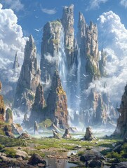 Illustration, towering mountains, rocks