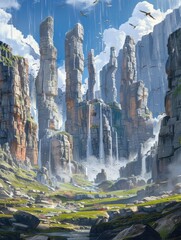 Illustration, towering mountains, rocks