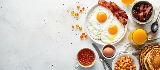 Top view of a traditional American breakfast on a white background with empty space. Includes sunny-side-up eggs, crispy bacon, hash browns, pancakes, toast, orange juice, and coffee.