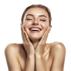 A Beautiful Woman With A Happy Smile Touchisolated on transparent background