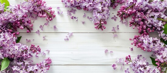 Spring blooms. Lilac blossoms on a white wooden surface. View from above with space for text.