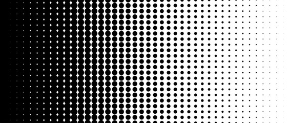 Dotted halftone gradient texture. Vanishing polka dot background. Repeating dots gradation pattern background. Black fading comic pop art overlay backdrop. Halftone raster effect wallpaper. Vector - obrazy, fototapety, plakaty
