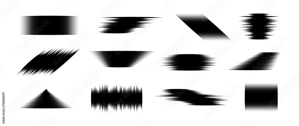 Poster Halftone glitch element set. Dotted textured geometric form collection. Grunge abstract halftone shapes for background, banner, poster, collage, overlay, label, tag. Distressed distorted vector pack