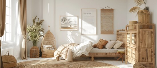 A kid's bedroom featuring wooden furniture, designer accents, and posters on a white wall, designed with a natural and bright aesthetic.