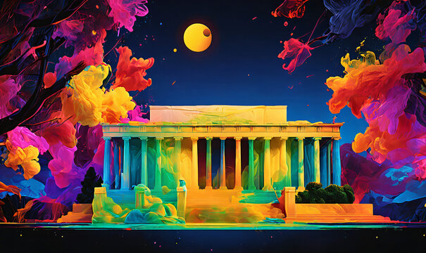 Colorful splash painting of the Lincon Memorial Building, Generative Ai