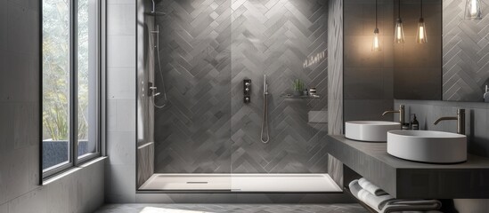 Contemporary bathroom in grey with herringbone-patterned shower tiles - obrazy, fototapety, plakaty