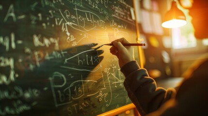 A closeup of a persons hands as they write out equations on a chalkboard with a lamp shining directly down onto the board. The light brings attention to the equations highlighting . - obrazy, fototapety, plakaty