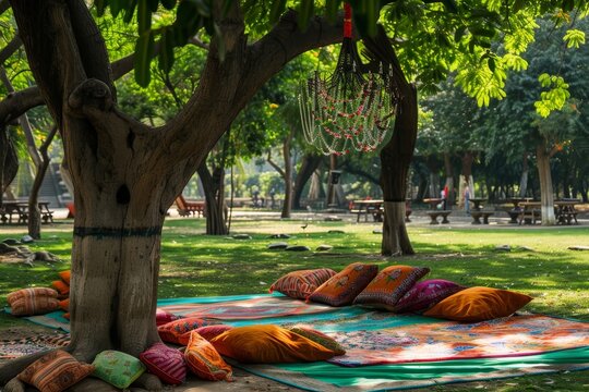 Indian style. summer park. Place for elax and meditation