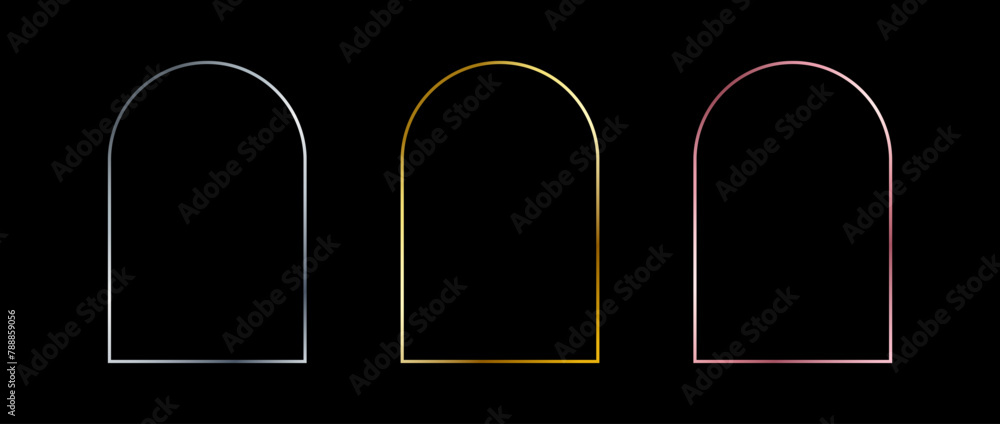 Poster silver, golden and rose gold thin arc frames. art deco shiny arch borders set. thin line glowing gre