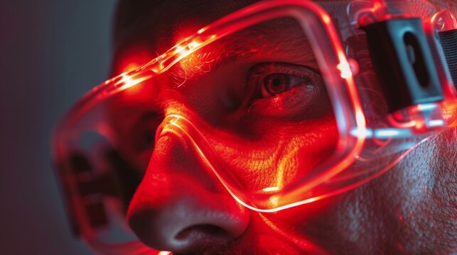 A man wearing a red light therapy mask a biohacking technique known for its ability to reduce inflammation and promote healing. .
