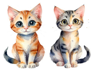 Set of two watercolor cats isolated on transparent alpha background. Perfect graphic resources for cat lovers and artistic designs.
