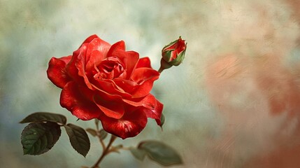 A vivid red rose blooms against a soft dreamy background