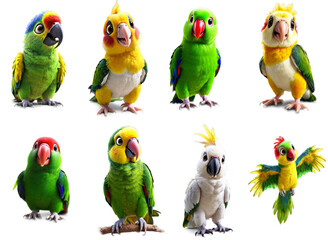 Collection of 8 very cute parrots on transparent alpha background. Perfect graphic resources for bird enthusiasts and colorful designs.