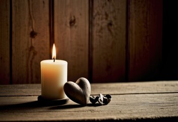 Candle and hearts on wooden table portrayed through traditional illustration