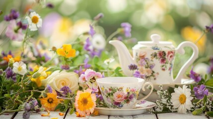Obraz na płótnie Canvas Delight Mom or celebrate spring with a charming garden tea adorned with beautiful flowers