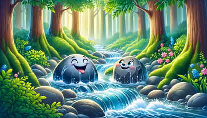 Bubbly stream chats with serene boulder in a lush forest, showcasing unexpected camaraderie in children's tales.