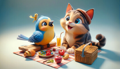 Mischievous bird and curious cat picnic together, emphasizing bond between foes turned friends. - obrazy, fototapety, plakaty