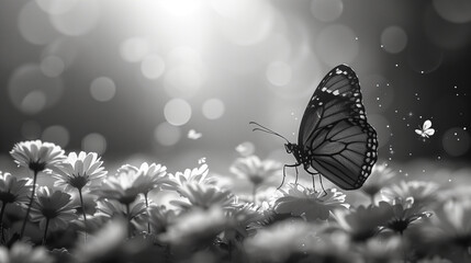 Black and White Butterfly on Flowers - obrazy, fototapety, plakaty