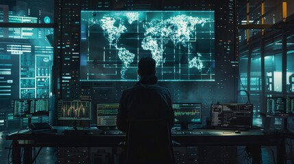 A cybersecurity expert monitoring threats on a large digital map, in a dark, minimal command center, styled as neo-noir.