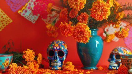 Immerse yourself in the rich traditions of Mexican culture with a vibrant Dia De Los Muertos celebration backdrop adorned with marigolds or cempasuchil flowers in a vase accompanied by Cala