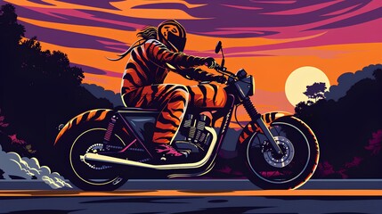 Tiger costume man riding motorcycle with sunset illustration style - obrazy, fototapety, plakaty
