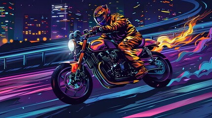 Tiger costume man riding motorcycle  on the road at night city illustration - obrazy, fototapety, plakaty