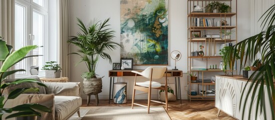 Fototapeta premium Chic Scandinavian living room featuring designer furniture, green plants, a bamboo bookshelf, and a wooden desk. The floor has a brown wooden parquet,