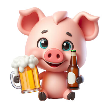 Cute character 3D image of happy pig wearing suit, drinking beer isolated white background PNG