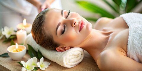 Obraz na płótnie Canvas Portrait of pretty relaxed young woman lying with closed eyes having facial massage in spa salon. Female client enjoy receiving skin care procedure treatment. Wellness and beauty day concept.