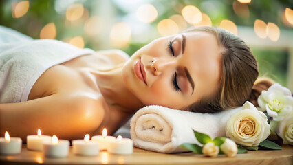 Obraz na płótnie Canvas Portrait of pretty relaxed young woman lying with closed eyes having facial massage in spa salon. Female client enjoy receiving skin care procedure treatment. Wellness and beauty day concept.