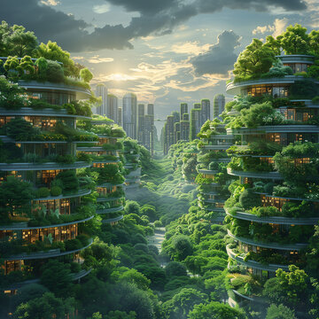 clean realistic minimalistic urban futuristic architecture with lots of green plants and grass, many buildings, low carbon,