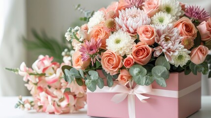 A stunning bouquet featuring roses and chrysanthemums accompanied by a charming pink gift box elegantly displayed against a pristine white table backdrop This delightful arrangement is the 