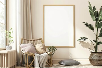 Scandinavian style living room with poster mockup created with generative ai