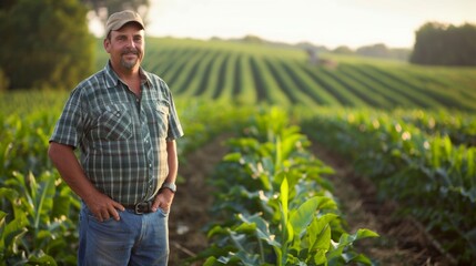 A farmer stands beside rows of droughtresistant genetically modified crops thrilled about the revolutionary advancements in biofuel harvesting that will benefit both his land and the .