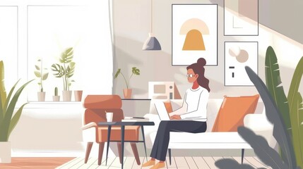 A digital communications expert conducting a webinar from a bright, airy room with Scandinavian decor, in a realistic style.