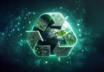 recycle earth day concept , Globe composition with recycling symbol , green digital background