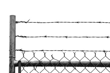 Barb wire on top of a chain link fence black and white
