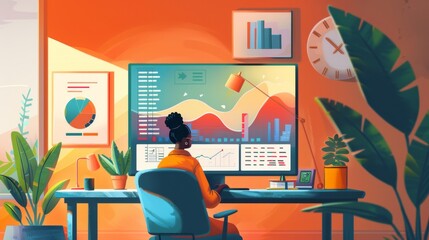 A digital marketer analyzing data on a large screen in a clean, modern home office, styled as a vibrant acrylic painting. - obrazy, fototapety, plakaty